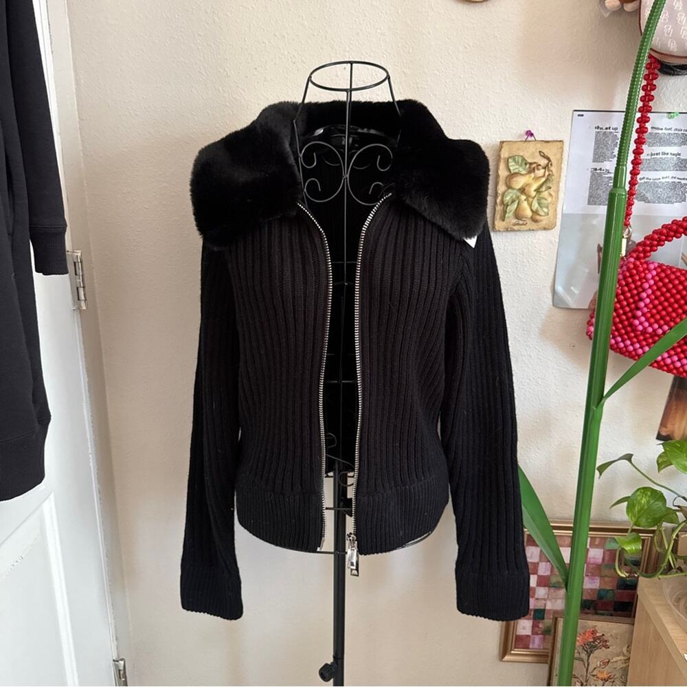 Cliche Faux Fur Collar Knit Zip Up Jacket M - Picture 3 of 7